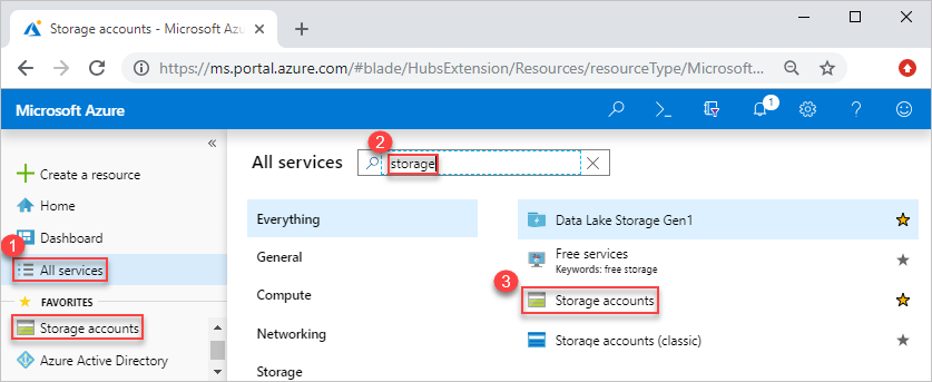 Képernyőkép a Azure Portal, amelyen a Tárfiókok szolgáltatás van kiválasztva.