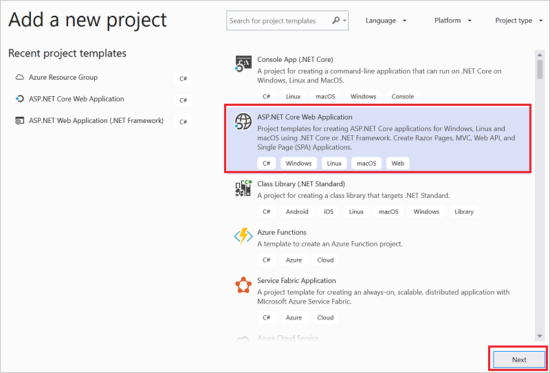 Képernyőkép az Új projekt ablakról, amelyen ASP.NET Core webalkalmazás van kijelölve.