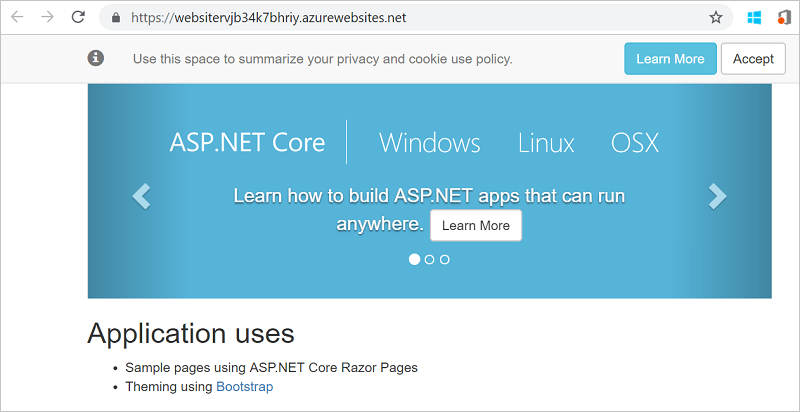 Képernyőkép a webböngészőben üzembe helyezett alapértelmezett ASP.NET alkalmazásról.