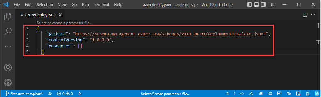 Képernyőkép a Visual Studio Code-ról, amely egy üres ARM-sablont jelenít meg JSON-struktúrával a szerkesztőben.