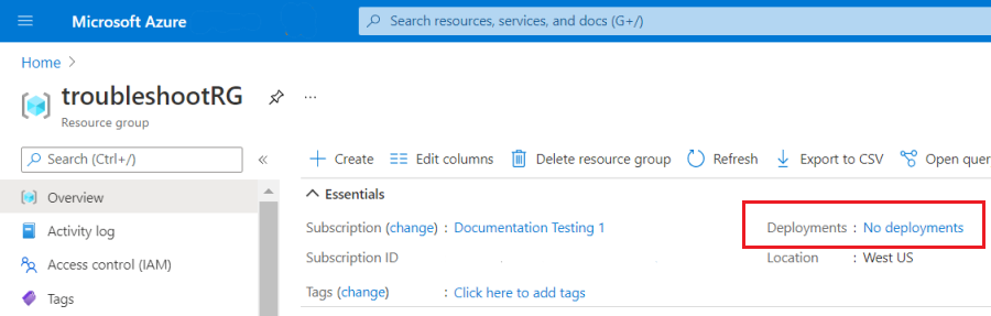 Képernyőkép Azure Portal üzembe helyezési előzmények szakaszáról, amelyen nem található üzembe helyezés Bicep-fájlhoz.