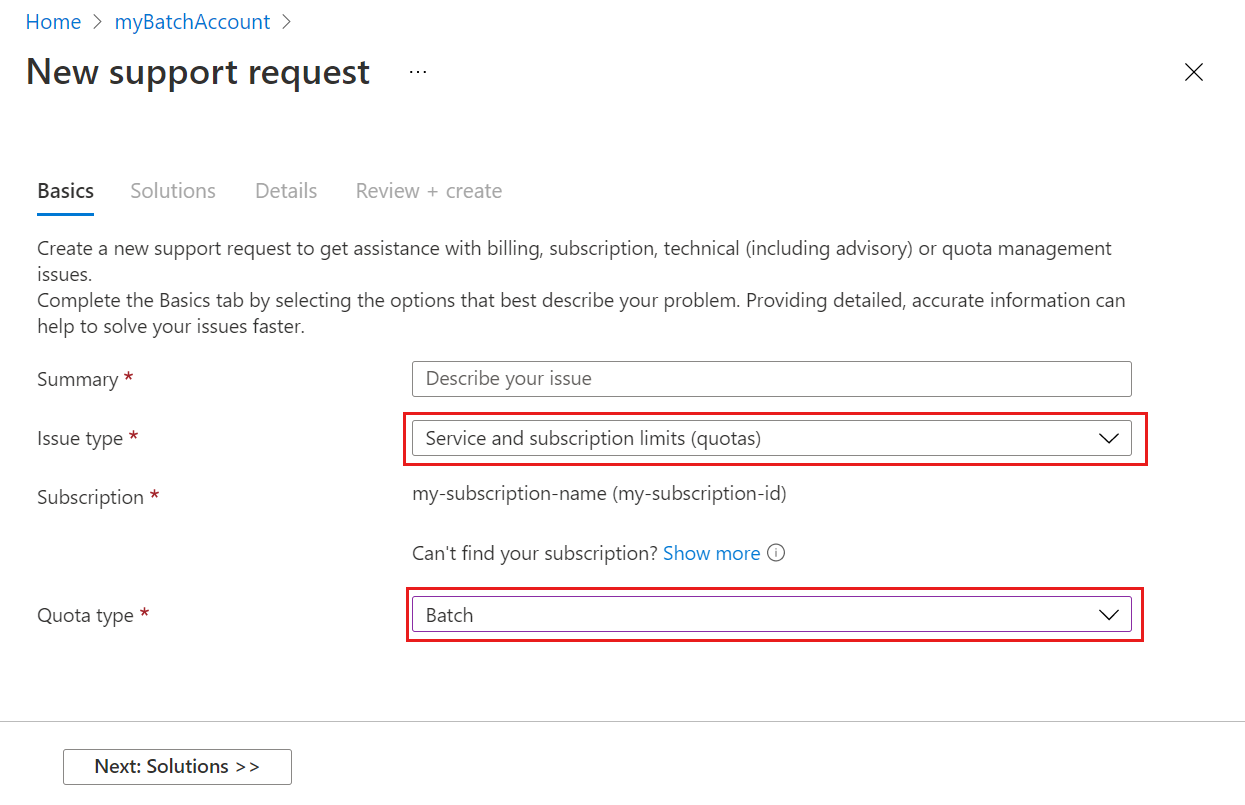 Képernyőkép az új támogatási kérésről a Azure Portal, amely a kvótát a probléma típusaként, a Batchet pedig kvótatípusként jeleníti meg.