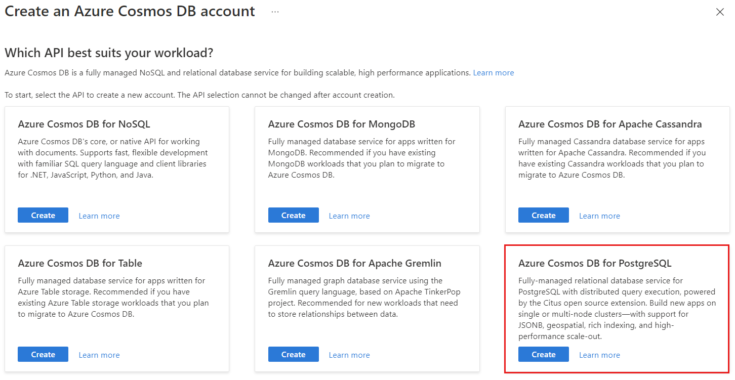 Képernyőkép az Azure Cosmos DB API-beállításlapjának kiválasztásáról.
