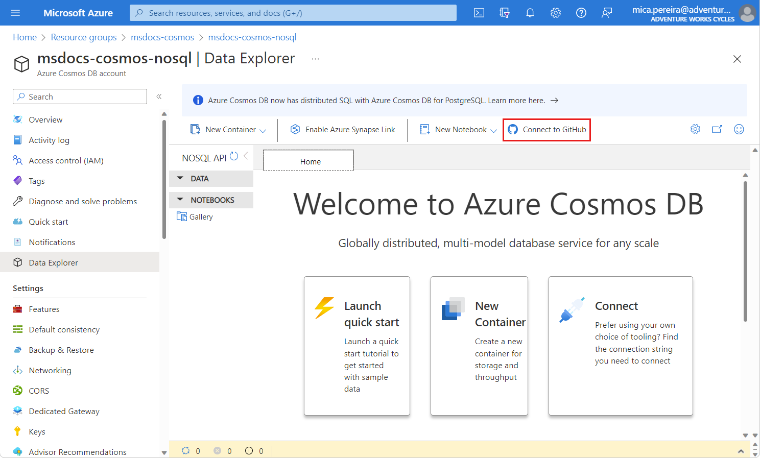 Screenshot of the Data Explorer with the 'Connect to GitHub' option highlighted.
