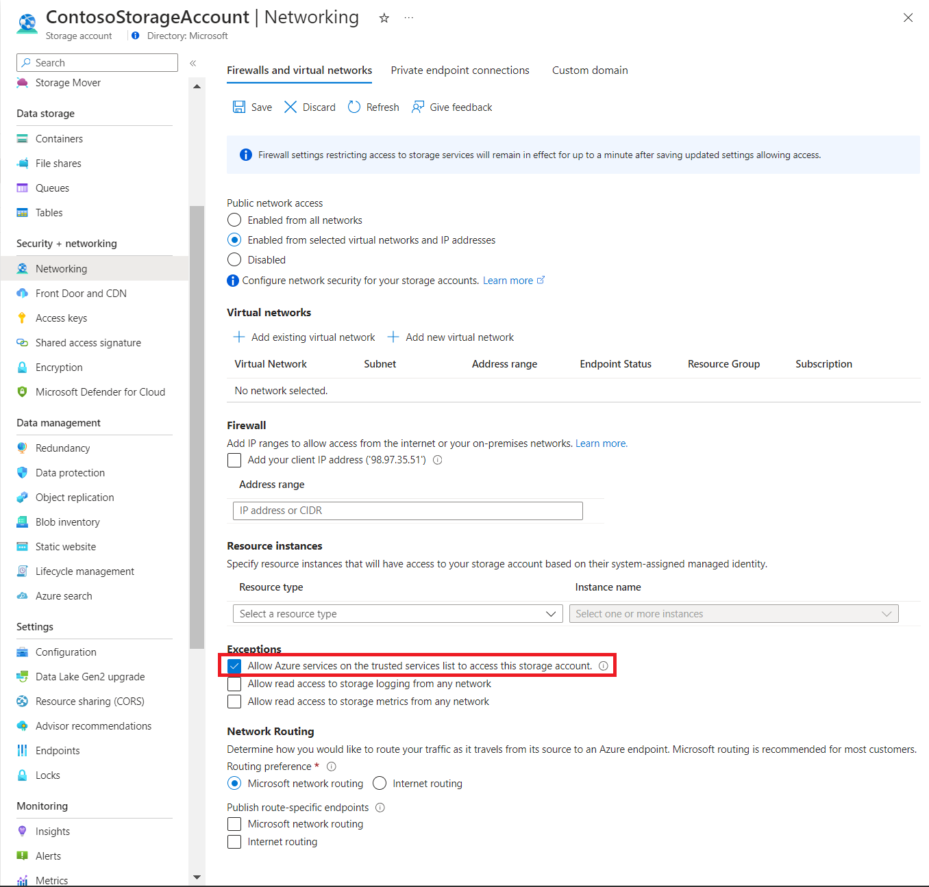 Képernyőkép az Azure-szolgáltatások engedélyezése a megbízható szolgáltatások listájának kivételbeállításáról.