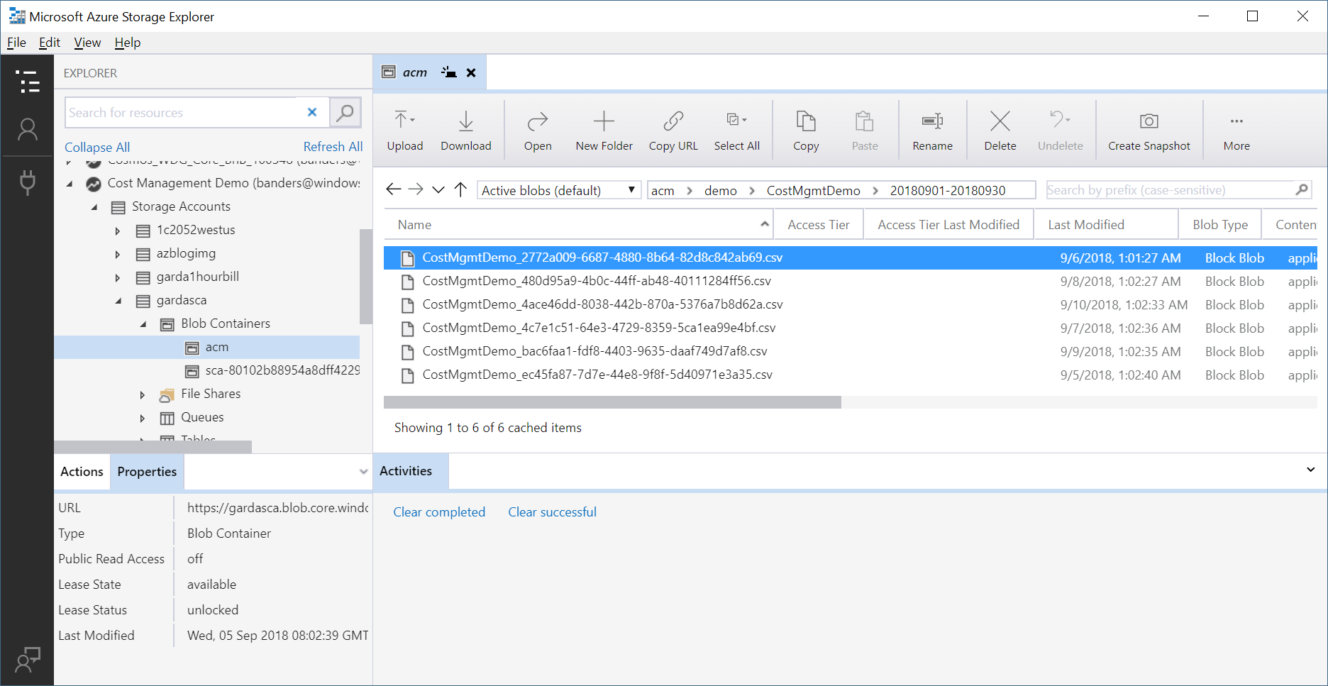 Képernyőkép a Storage Explorer példainformációiról.