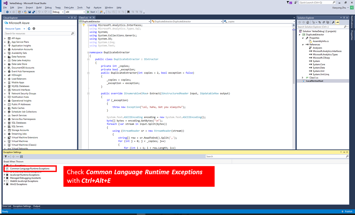 Képernyőkép a felhasználó által definiált C#-forráskódról, amelyen a Common Language Runtime Exceptions (Közös nyelvi futtatókörnyezeti kivételek) beállítású kivételek beállításai láthatók.