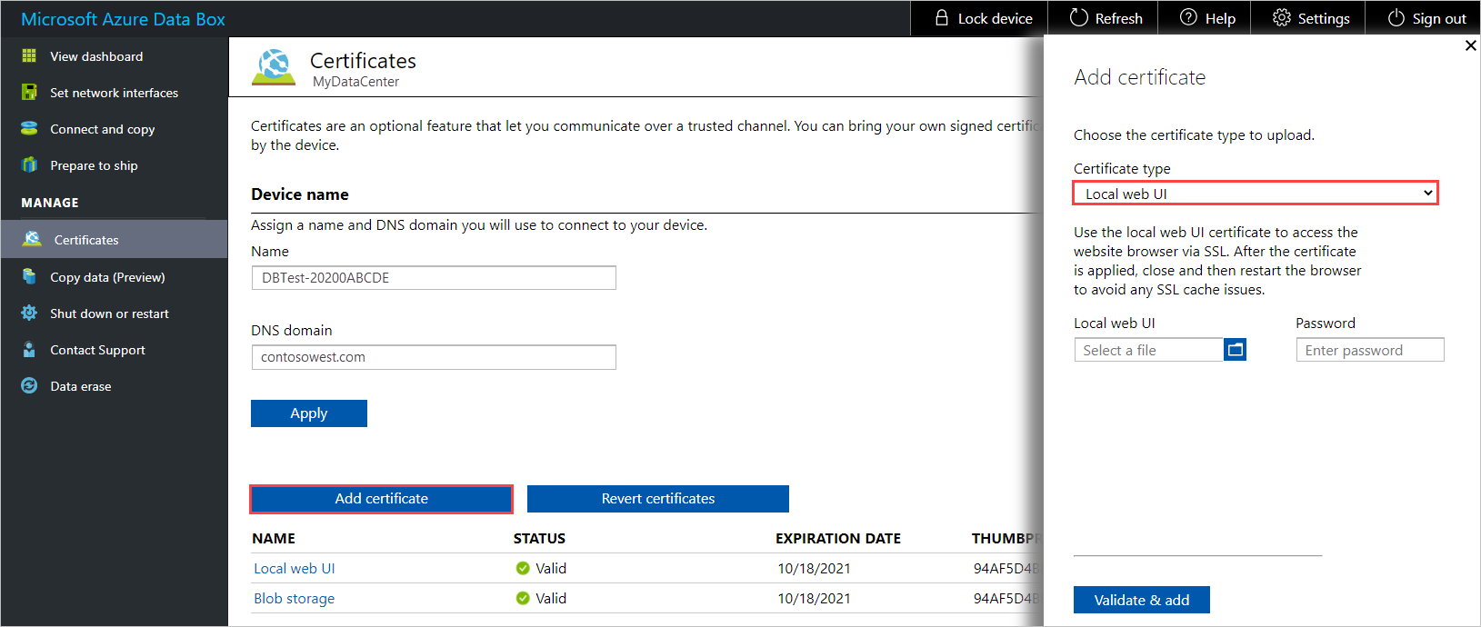 Add certificates panel on the Certificates page for a Data Box device