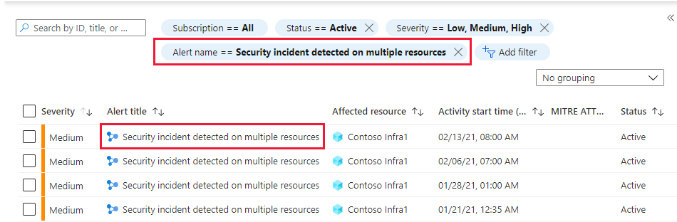 Az incidensek listája a biztonsági riasztások oldalán a Microsoft Defender for Cloudban.