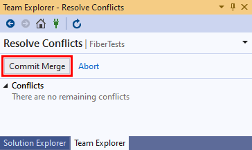 Képernyőkép a Visual Studio 2019 Team Explorer Ütközések feloldása nézetének Egyesítés véglegesítése gombjáról.