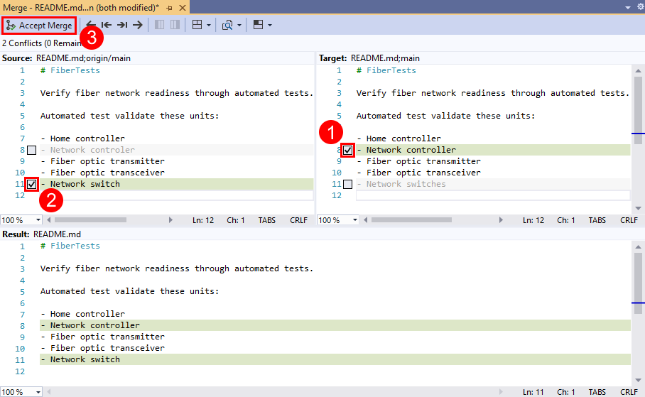 A Visual Studio 2019 Team Explorer egyesítésszerkesztőjének képernyőképe.
