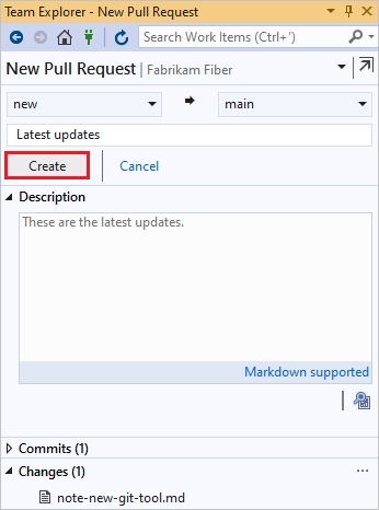 Képernyőkép egy új P R létrehozásáról a Visual Studio Team Explorerben.