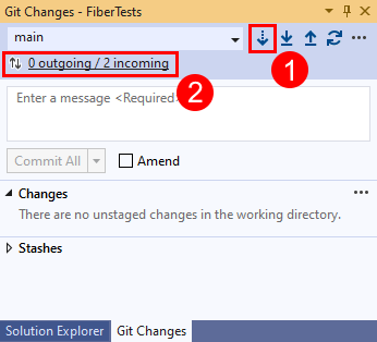 Képernyőkép a Visual Studio 2019 Git Changes ablakának Beolvasás gombjairól és a Bejövő üzenetek hivatkozásról.