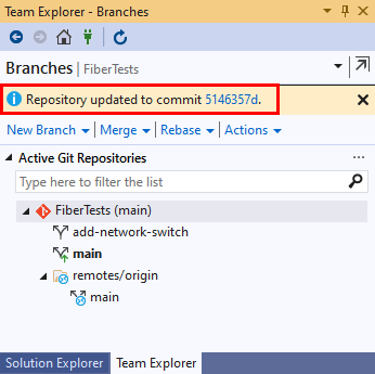 Képernyőkép a Visual Studio 2019 Csoportkezelő Ágak nézetében megjelenő egyesítés-megerősítési üzenetről.
