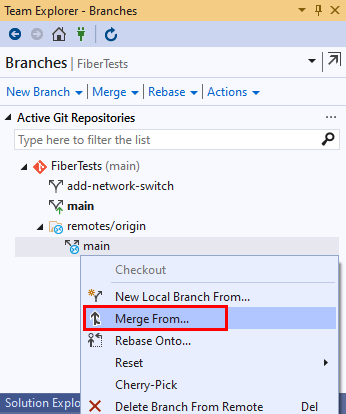 Képernyőkép a Visual Studio 2019 Csoportkezelő Ágak nézetében az ágegyesítési lehetőségről.