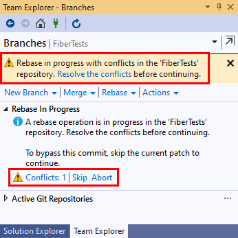 Képernyőkép a Visual Studio 2019 Csoportkezelő Ágak nézetében megjelenő újrabázisütközés üzenetéről.