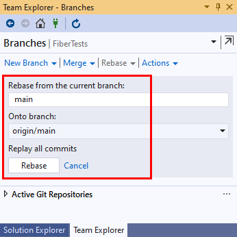 Képernyőkép a Visual Studio 2019 Csoportkezelő Ágak nézetében található újrabázis részleteiről.