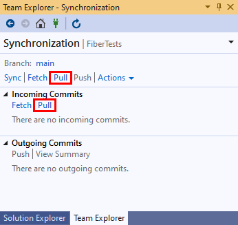Képernyőkép a Visual Studio 2019 Team Explorer szinkronizálási nézetének lekérési beállításairól.