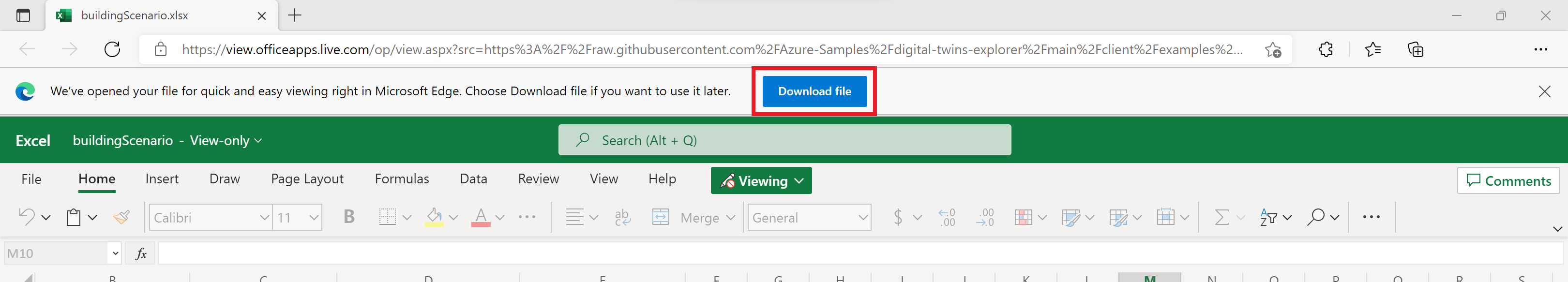 Képernyőkép a Microsoft Edge böngészőben megtekintett buildingScenario.xlsx fájlról. A letöltést jelző gomb ki van emelve.