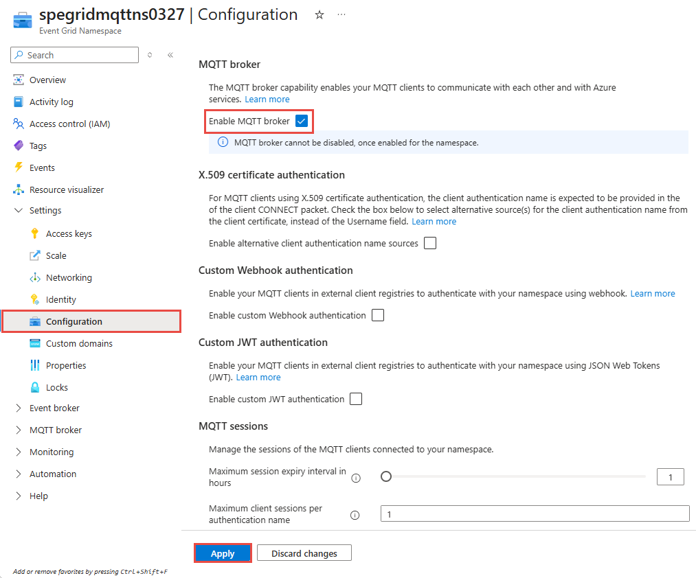 Screenshot showing Event Grid namespace configuration page to enable MQTT.