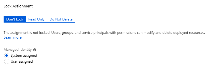 Screenshot of the locking assignment and managed identity options for the blueprint assignment.