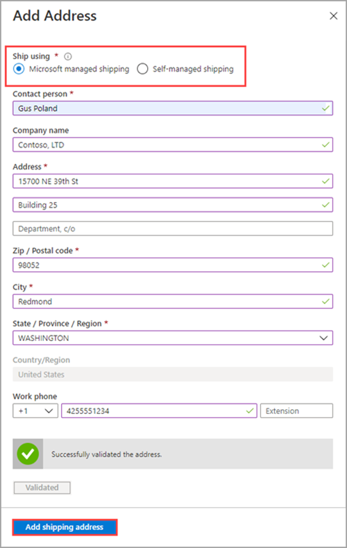 Képernyőkép a Data Box-rendelés címének hozzáadása képernyőről. A Szállítási cím megadása lehetőséggel és a Szállítási cím hozzáadása lehetőség kiemelésével.