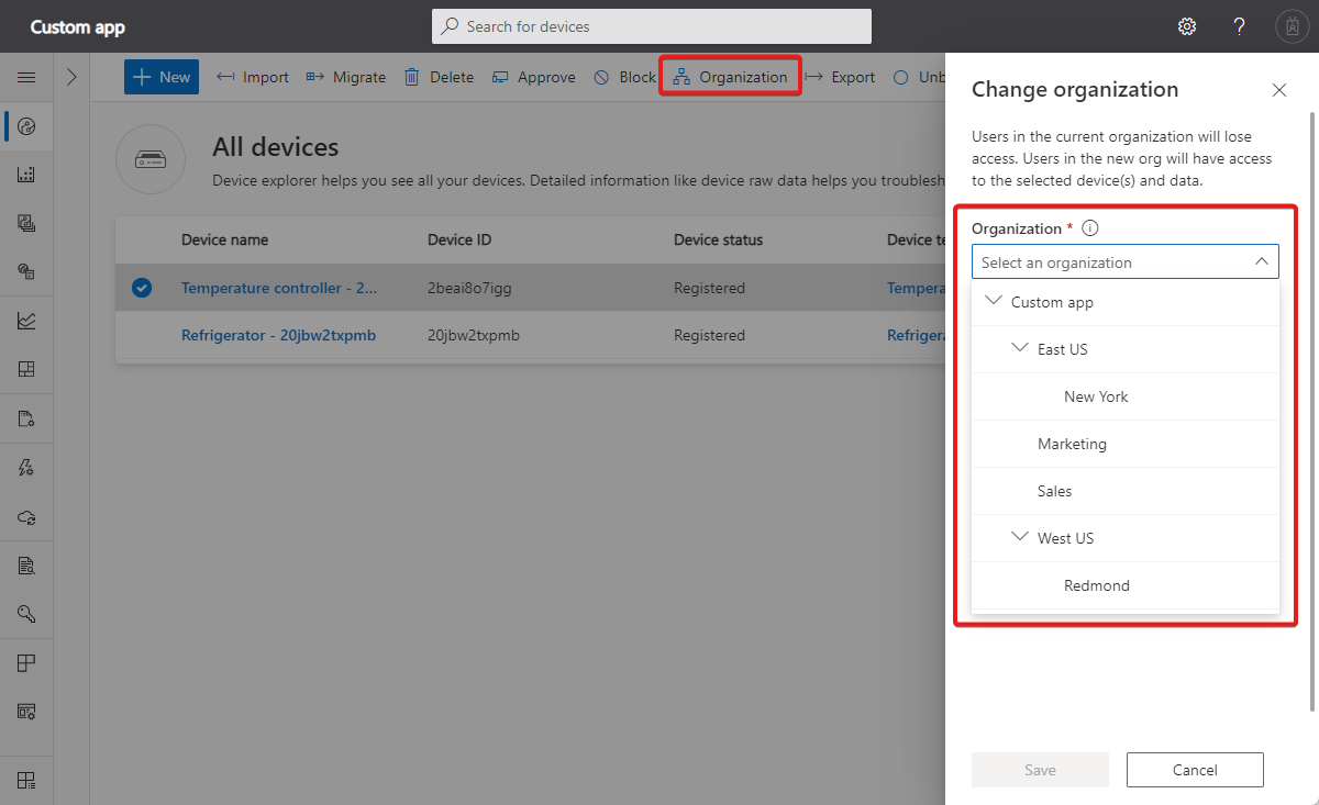 Screenshot that shows how to change the organization a device is associated with.