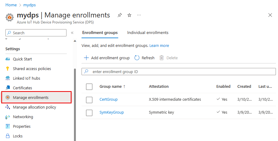 Screenshot that shows the Manage enrollments page in the Azure portal.