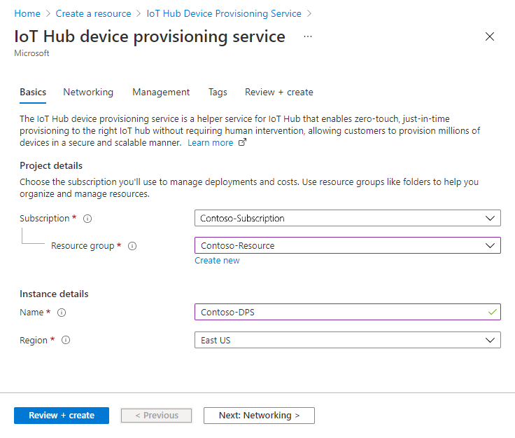 Screenshot showing the Basics tab of the IoT Hub device provisioning service. Enter basic information about your Device Provisioning Service instance in the portal blade.