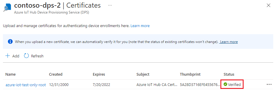 Screenshot that shows the verified root C A certificate in the list of certificates.