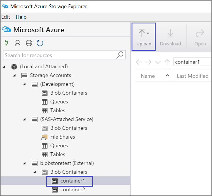 Képernyőkép a feltöltés gombról a Azure Storage Explorer