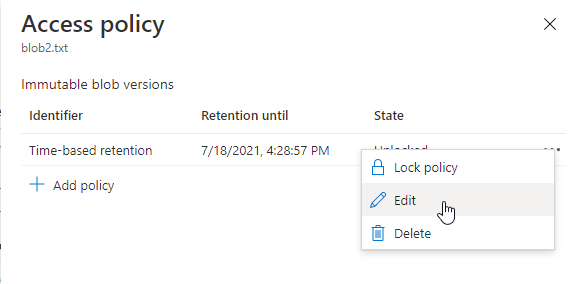 Képernyőkép egy meglévő verziószintű időalapú adatmegőrzési szabályzat szerkesztéséről az Azure Portalon