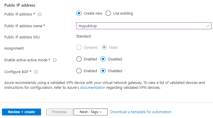 Képernyőkép egy virtuális hálózati átjáró nyilvános IP-címének megadásáról az Azure Portal használatával.