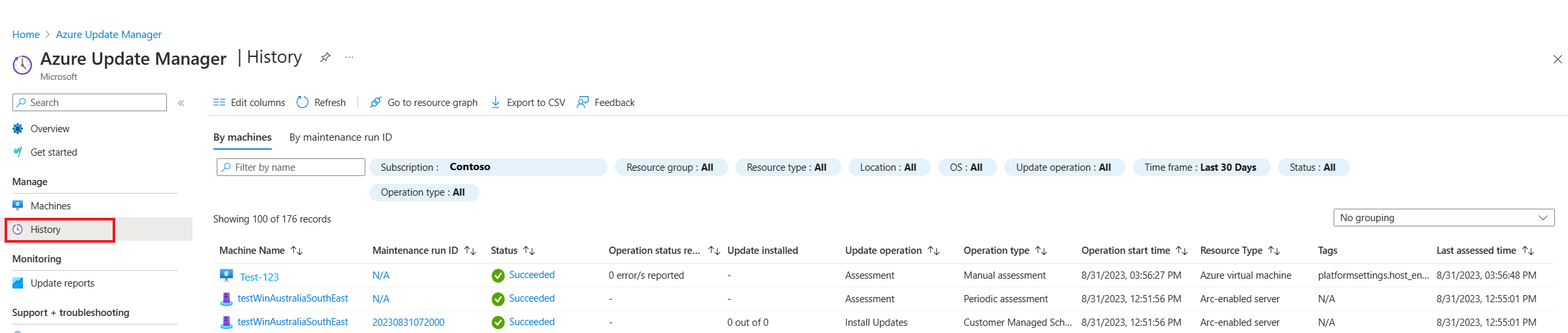 Screenshot of update center History page in the Azure portal.