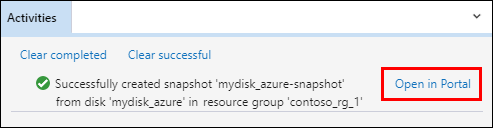 Képernyőkép Azure Storage Explorer a hivatkozás helyének kiemeléséről a Tevékenységek panelen pillanatkép-állapotüzenetekkel.
