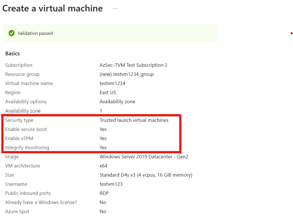 Sceenshot of the validation page, showing the trusted launch options are included.