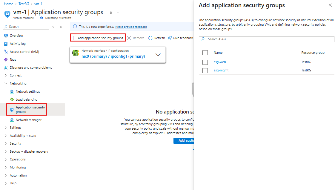 Screenshot of Configure application security groups.