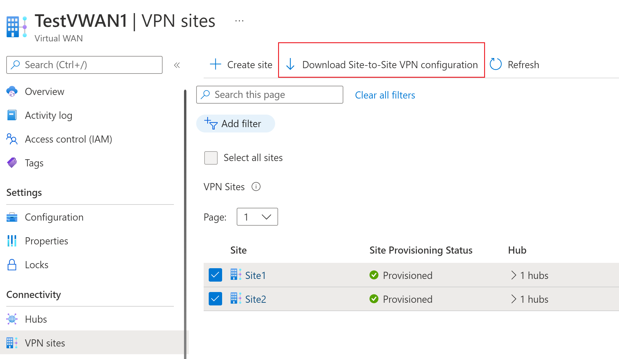 Képernyőkép a VPN-helyek lapról, amelyen a Helyek közötti VPN-konfiguráció letöltése művelet van kiválasztva.