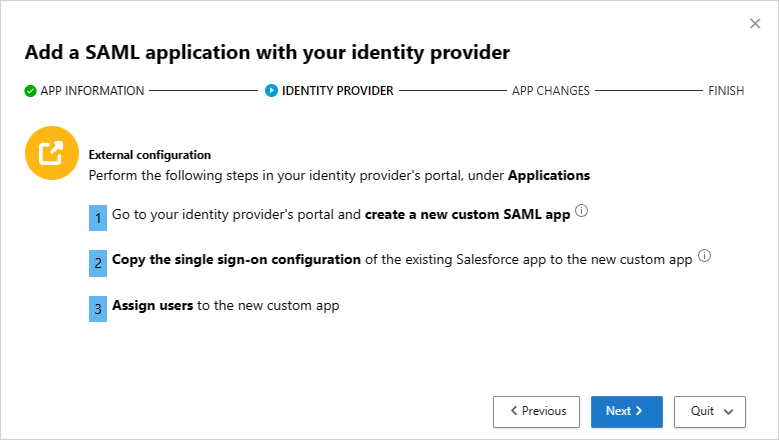 SAML-alkalmazás hozzáadása az identitásszolgáltatóhoz.