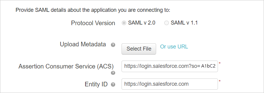 Egyéni alkalmazás konfigurálása Salesforce SAML-részletekkel.