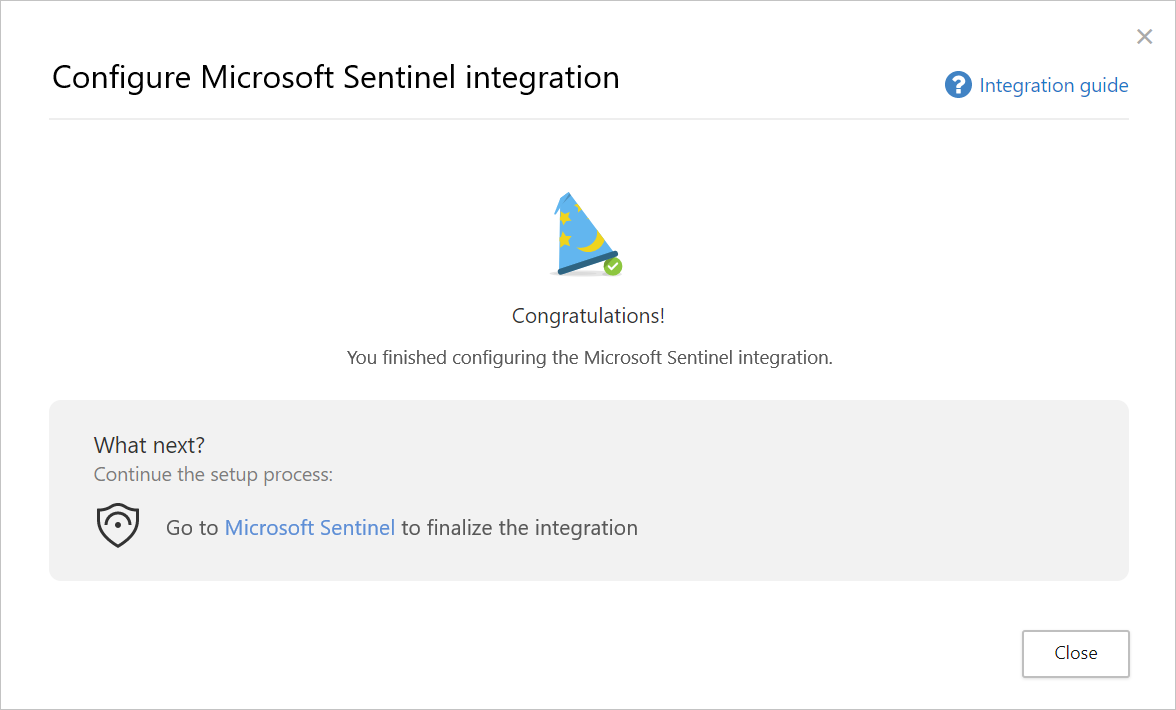Képernyőkép a Microsoft Sentinel-integráció konfigurálásának befejezési oldaláról.