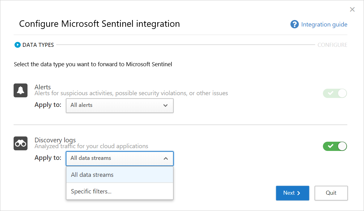Képernyőkép a Microsoft Sentinel-integráció konfigurálásának kezdőlapjáról.