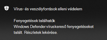 Microsoft Defender víruskereső által talált fenyegetésekről szóló értesítés lehetőséget biztosít a részletek lekérésére
