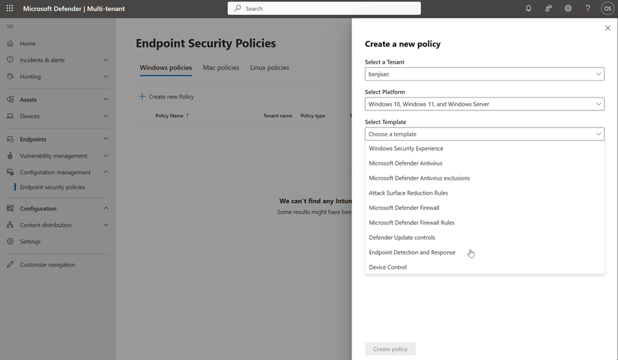 Képernyőkép a több-bérlős felügyelet végpontok biztonsági szabályzatoldalának szabályzatlétrehozás lapjáról.