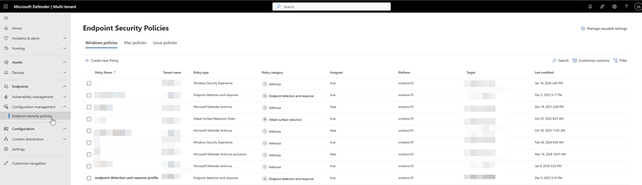 Képernyőkép a Végpontbiztonsági szabályzatok oldalról a Microsoft Defender XDR több-bérlős felügyeletében.
