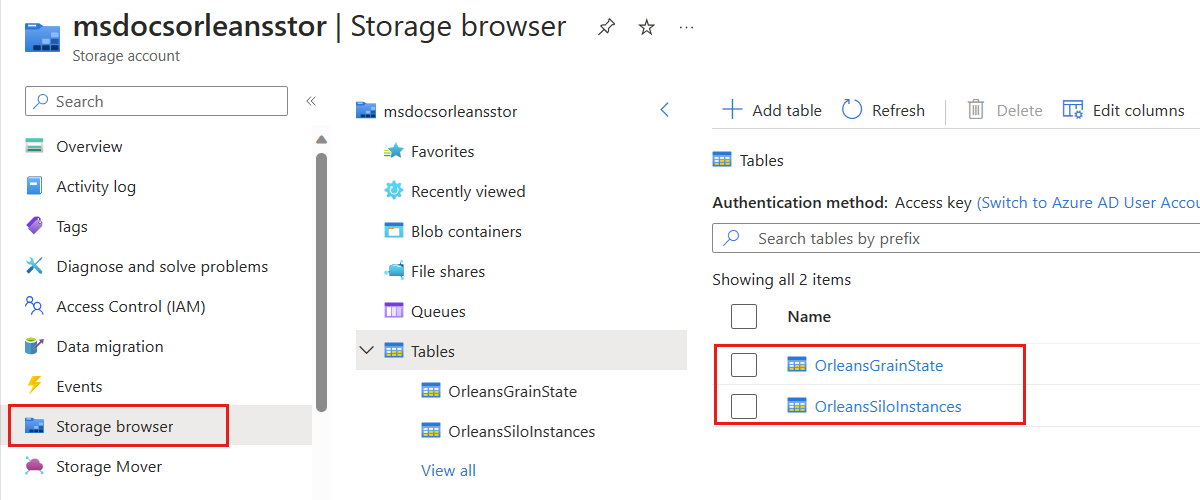 Képernyőkép az Azure Table Storage adatairól Orleans .