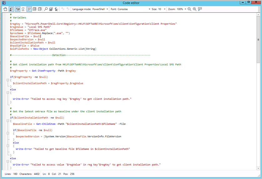 Képernyőkép az új kódszerkesztőről a Configuration Managerben