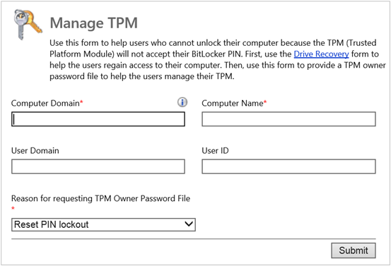 A BitLocker felügyeleti és monitorozási webhelyének TPM kezelése lapja.