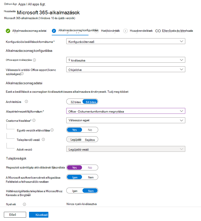 Képernyőkép: Microsoft 365-alkalmazások hozzáadása – Konfigurációtervező.