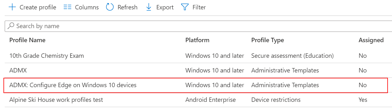 Képernyőkép az ADMX-szabályzat beállításáról az eszközkonfigurációs profilok listájában Microsoft Intune és az Intune Felügyeleti központban.